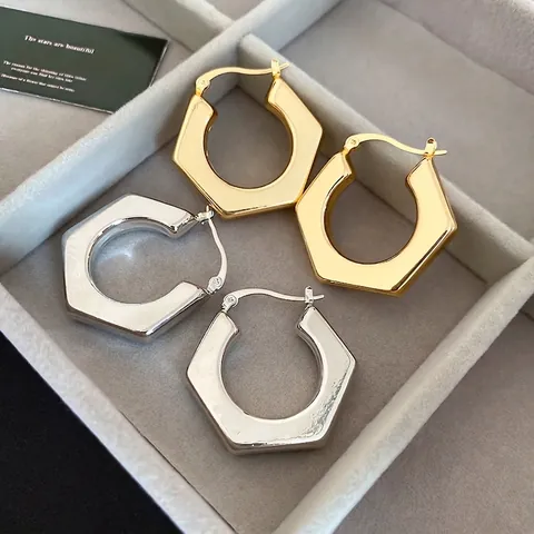 Hexagon Hoop Earrings Geometric Metallic Mirror Polish Minimalist Jewelry Women With Silver Earring Post