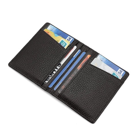 Slim Card Holder Genuine Cowhide Leather Lychee Pattern RFID Blocking Ultra Thin ID Window Business Wallet For Men