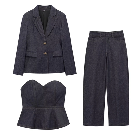 Damen Denim Blazer Peplum Bustier Top Und Weite Hose Dunkelblau Streetwear Outfit Eleganter Street Style Mode