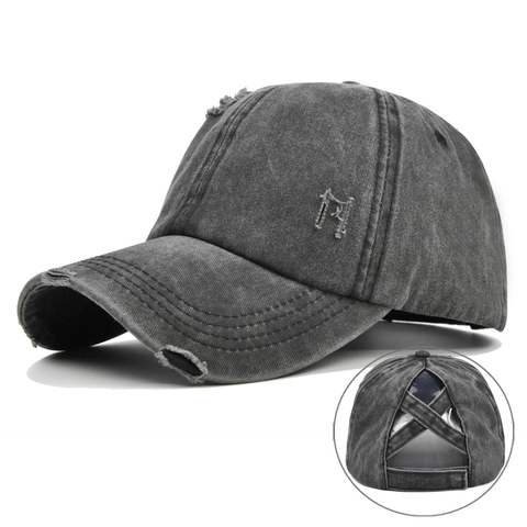 Cappello Da Baseball In Cotone Lavato Effetto Consumato Donna Coda Di Cavallo Alta Regolabile Visiera Solare