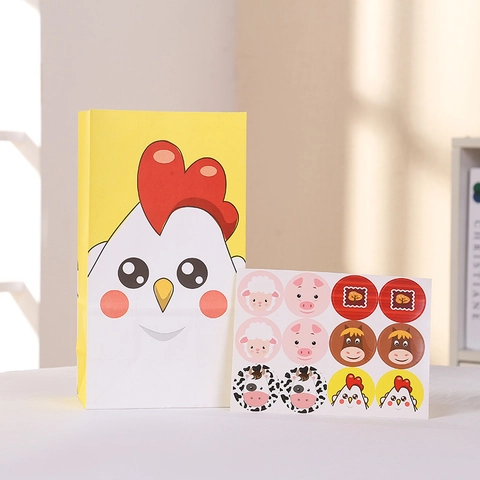 Cartoon Farm Animal Paper Gift Bags With Stickers Kraft Paper Barn Design For Kids Birthday Party Favors Goodie Bags