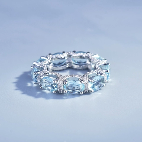 Copper Blue Rhinestone Eternity Ring Elegant Lace Bracelet For Women Luxury Micro Pave Color Gemstone Jewelry Finger Ring