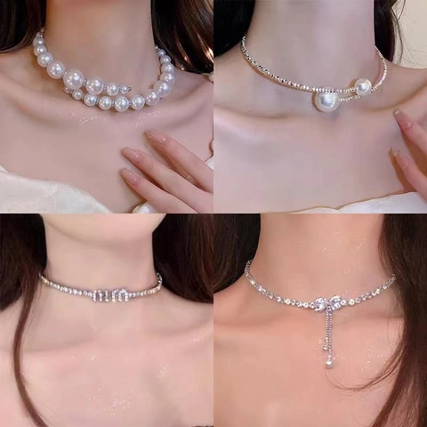 Irregular Artificial Pearl Rhinestone Choker Necklace Elegant Fashion Alloy Statement Jewelry For Women