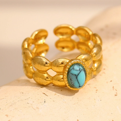 Anillo Aperto A Doppio Strato In Acciaio Inossidabile Con Turchese Vintage Placcato Oro 18K Gioielli Boho Regolabili Per Donna