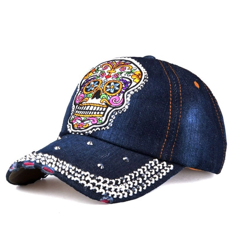 Cappello Da Baseball Ricamo Teschio Denim Cotone Strass Hip Hop Punk Streetwear Berretto Da Sole Regolabile Unisex