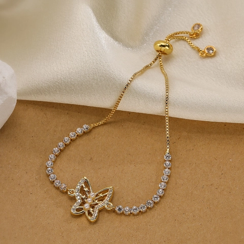 Pulsera De Dije De Abeja Y Mariposa De Cobre Chapado En Oro De 18K Circonita Perla Artificial Cierre Ajustable Joyería Elegante Para Mujer