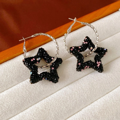 Zwarte Pentagram Ster Hoop Oorbellen Legering Strass Met 925 Sterling Zilveren Oorknopje Donkere Hip Hop Geometrisch Voor Vrouwen
