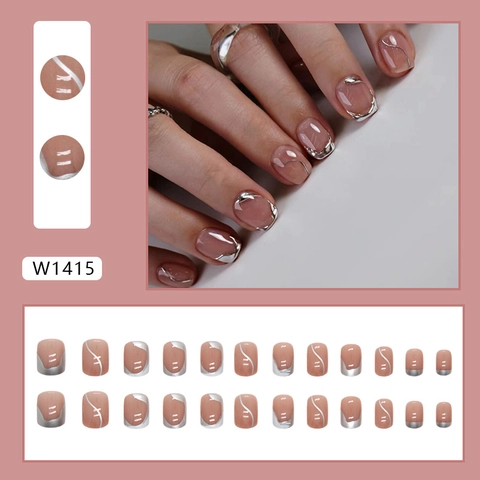 Metallic Silver Irregular Lines Press On Nails Short Square Nude Pink French Style Minimalist Elegant Manicure For Women
