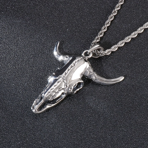 Ciondolo Teschio Di Bue Acciaio Inossidabile Testa Di Toro Gotico Biker Punk Finitura Argento Antico Gioielli Retro