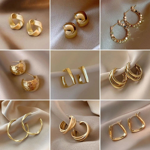 Geometric Metal Hoop Stud Earrings With 925 Sterling Silver Earring Post Gold Silver Rhinestone Pleated Earrings For Women Jewelry