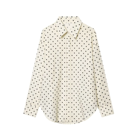 Polka Dot Long Sleeve Blouse Women Polyester Lapel Button Down Shirt Vintage Fashion Casual Top Curved Hem