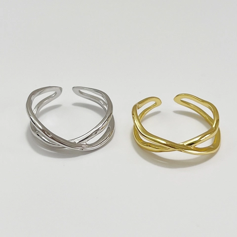 925 Sterling Silber Irregulärer Wellenförmiger Ring Gekreuzt Minimalistisch Verstellbar Offen Damen Chic Stil Schmuck
