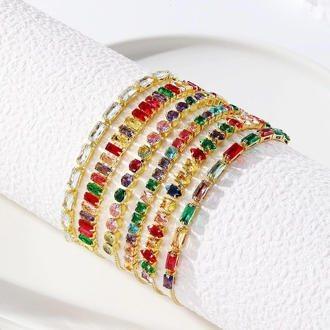 Adjustable Slider Bracelet For Women Colorful Zircon Gold Plated Rainbow Marquise Rectangular Cut Evil Eye Fashion Jewelry
