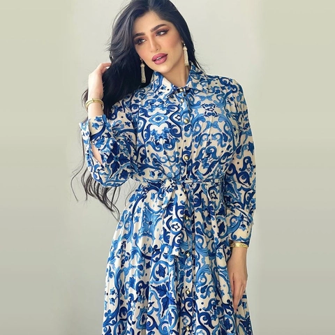 Dames Katoen Polyester Lange Mouwen Maxi Overhemdjurk Revers Knoopsluiting Tailleband Majolica Porselein Print Boho Elegant