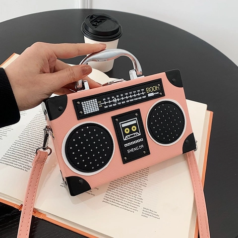Vintage Radio Shaped Shoulder Bag PU Leather Box Handbag Retro Crossbody Purse With Metal Handle For Women