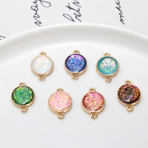 Round Copper Real Gold Plated Synthetic Opal Glitter Connector Charms For DIY Bracelet Earring Jewelry Making Accessories
