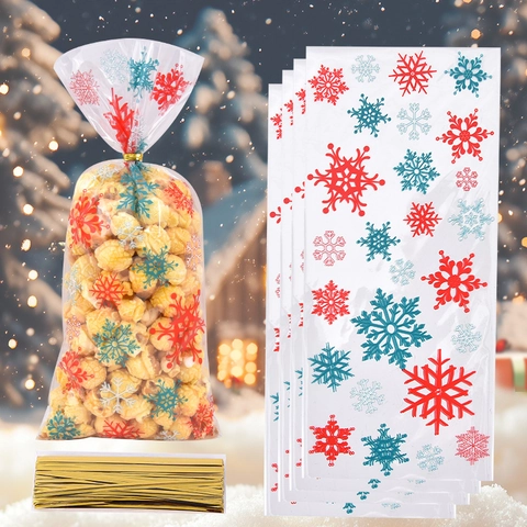 Christmas Cellophane Bags Snowflake Print Clear Plastic OPP For Candy Cookie Gift Holiday Party With Golden Twist Ties