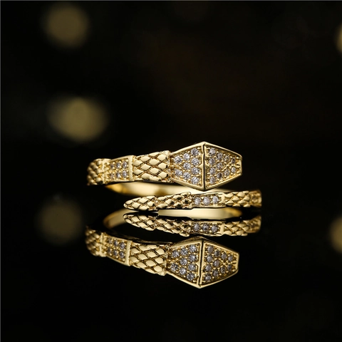 Vintage Schlangenring Offen 18K Vergoldet Kupfer Mikropflaster Zirkon Bambus Design Verstellbarer Fingerschmuck Damen