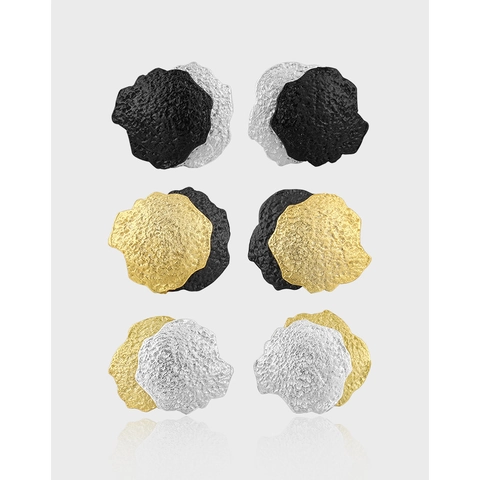 S925 Sterling Silver Irregular Texture Stud Earrings Minimalist Cool Vintage Metallic Two Tone Jewelry For Women
