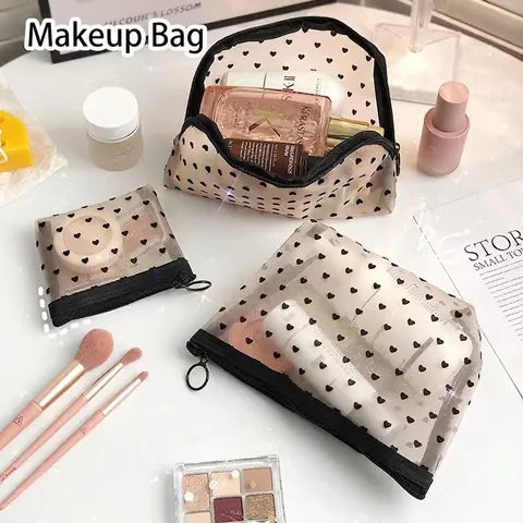 Heart Print Flocked Mesh Makeup Bag Portable Travel Cosmetic Organizer Pouch Breathable Zipper Storage
