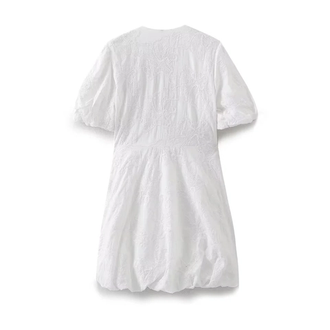 Vestito Mini Bianco da Donna Scollo a V Maniche a Sbuffo Corte Ricamo Jacquard Floreale Elegante Festa Estate