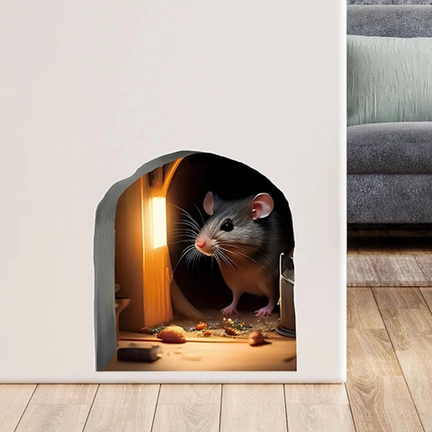 Autocollants Muraux 3D Trou De Souris PVC Auto-Adhésif Amovible Dessin Animé Animal Décalcomanies Pour Salon Chambre Décor