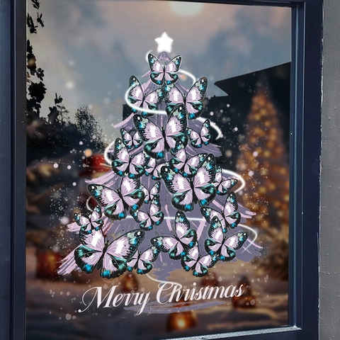 Christmas Butterfly Tree Window Sticker Static Cling PVC Reusable Double Sided Glass Decal For Festival Home Decor