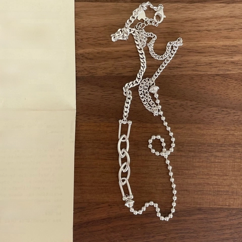 Collana In Argento Sterling 925 Asimmetrica Catena Mista Geometrica Perle Maglia Curb Maglie Ovali Stile Vintage