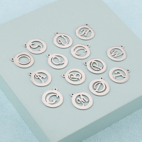 Round Alphabet Letter A-Z Pendants Stainless Steel Hollow Design DIY Jewelry Making Charms Silver Color Accessory
