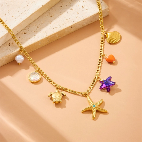 Oceaan Thema Bedelketting Roestvrij Staal Zeester Schildpad Schelp Hart Ster Strass Vergulde Sieraden Voor Dames