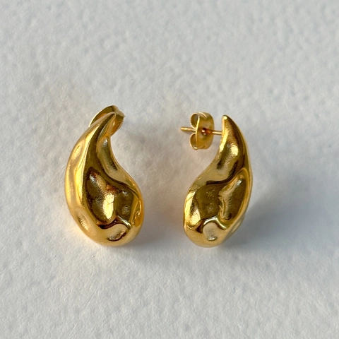 Tear Drop Stud Earrings 18K Gold Plated Stainless Steel Hammered Texture Organic Liquid Metal Jewelry For Women
