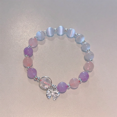 Cats Eye Stone Crystal Beaded Bracelet Butterfly Pendant Elastic Jewelry Sweet Girlish Fashion Accessory For Women