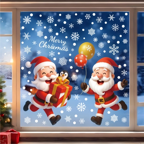 Christmas Window Stickers Static Cling PVC Reusable Santa Claus Snowman Penguin Snowflake Glass Decals For Holiday Home Decor