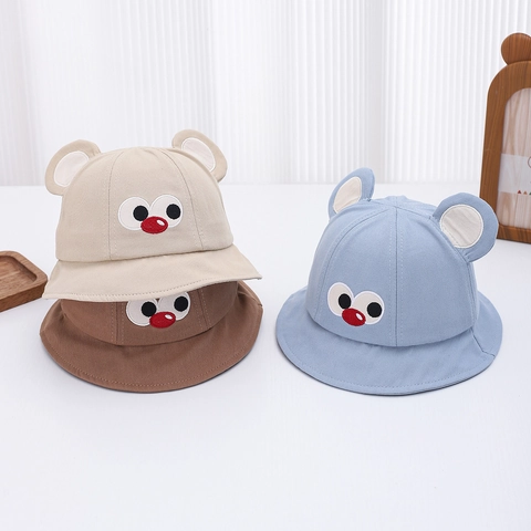 Cappello Pescatore Neonato Ragazzo Misto Cotone Occhi Cartone Animato Orecchie 3D Tesa Larga Protezione Solare Esterna