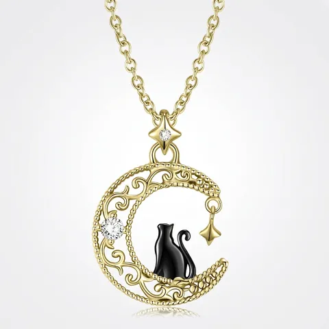 Collana con Ciondolo a Forma di Gatto Nero sulla Luna in Argento Sterling 925 per Donna Elegante Collana a Catena in Oro con Strass