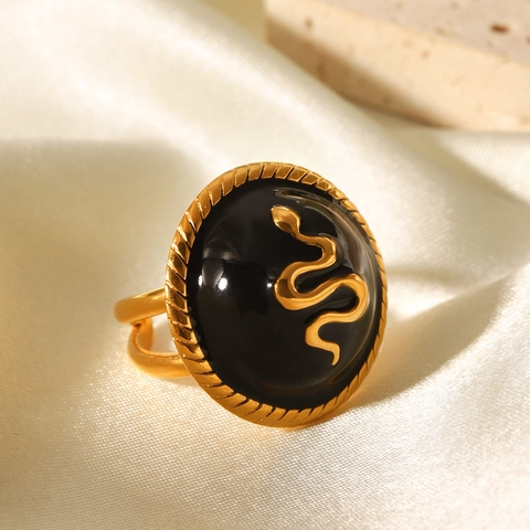 Retro Luxury Snake Ring Stainless Steel Black Enamel Embossed Open Adjustable Finger Jewelry For Women