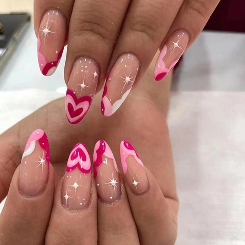 Press On Nails Almond Shape Pink Heart Pattern Wavy Lines Starburst Design Glossy Fashion For Women
