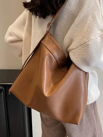 Women Large Tote Bag PU Leather Hobo Shoulder Bag Vintage Minimalist Solid Color Adjustable Wide Strap Commuter Handbag