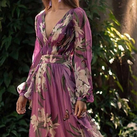 Abito Maxi da Donna Elegante con Scollo a V Manica Lunga Stampa Floreale Vita Alta Abito Lungo a Linea A per Vacanza Festa