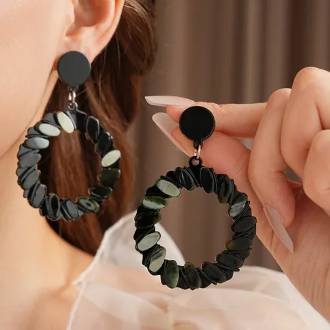 Geometric Acrylic Large Hoop Earrings With Silver Earring Post Bohemian Green Black Vintage Splicing Jewelry For Women