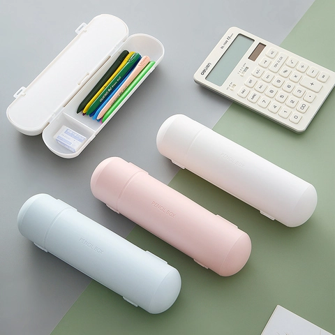 Cylinder Plastic Pencil Case Double Layer Partition Storage Erasable Whiteboard Matte Stationery Box For Students School Office