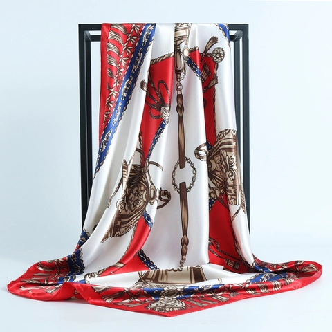 Women Elegant Satin Imitation Satin Square Scarf Classic Baroque Carriage Print Retro Decorative Shawl Headscarf