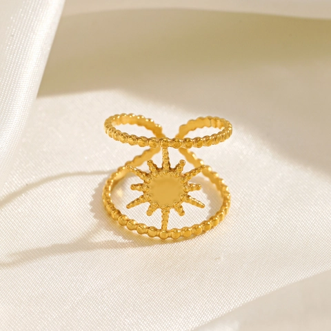 Sonnenstrahl Stern Ring Edelstahl Verstellbar Offen 18K Vergoldet Doppelte Perlenband Boho Schmuck Für Damen