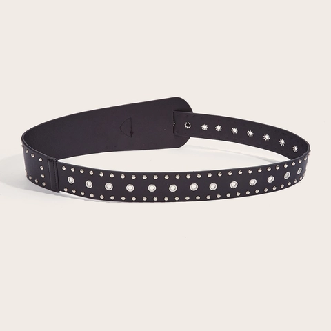 Cintura Larga Da Donna In Ecopelle Con Borchie E Occhielli Punk Rock Streetwear Fibbia Regolabile In Lega
