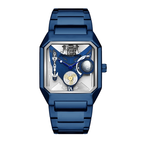 Men Quartz Watch Luxury Square Skeleton Hollow Design Industrial Steampunk Luminous Alloy Metal Link Strap Wristwatch