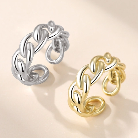 925 Sterling Silver Cuban Link Chain Ring For Women Men Minimalist Punk Adjustable Open Finger Ring Fashion Jewelry Gift