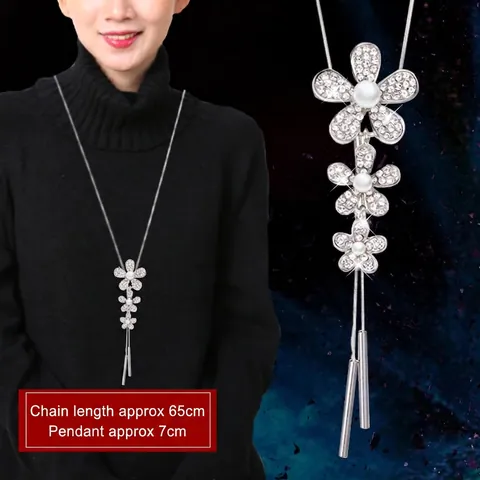Élégant Collier Longue Chaîne De Pull Alliage Strass Fleur Fausse Künstliche Perle Pendentif Gland Bijoux Accessoire Pour Femmes