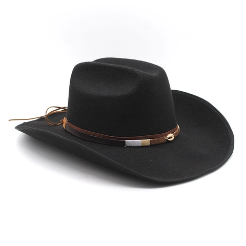 Western Cowboy Hat Wide Brim Felt Fedora With Shell Metal Decor Woven Belt Ethnic Retro Style For Men Women