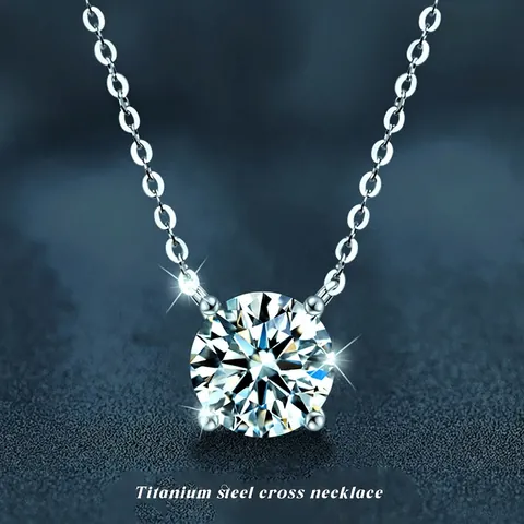 Collana Con Pendente In Zircone Rotondo Solitario Acciaio Al Titanio Montatura A Quattro Griffe Gioielli Per Donna