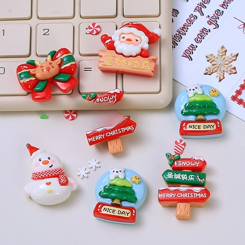 Christmas Theme Resin Flatback Charms For DIY Handmade Jewelry Accessories Santa Claus Snowman Crystal Ball Road Sign